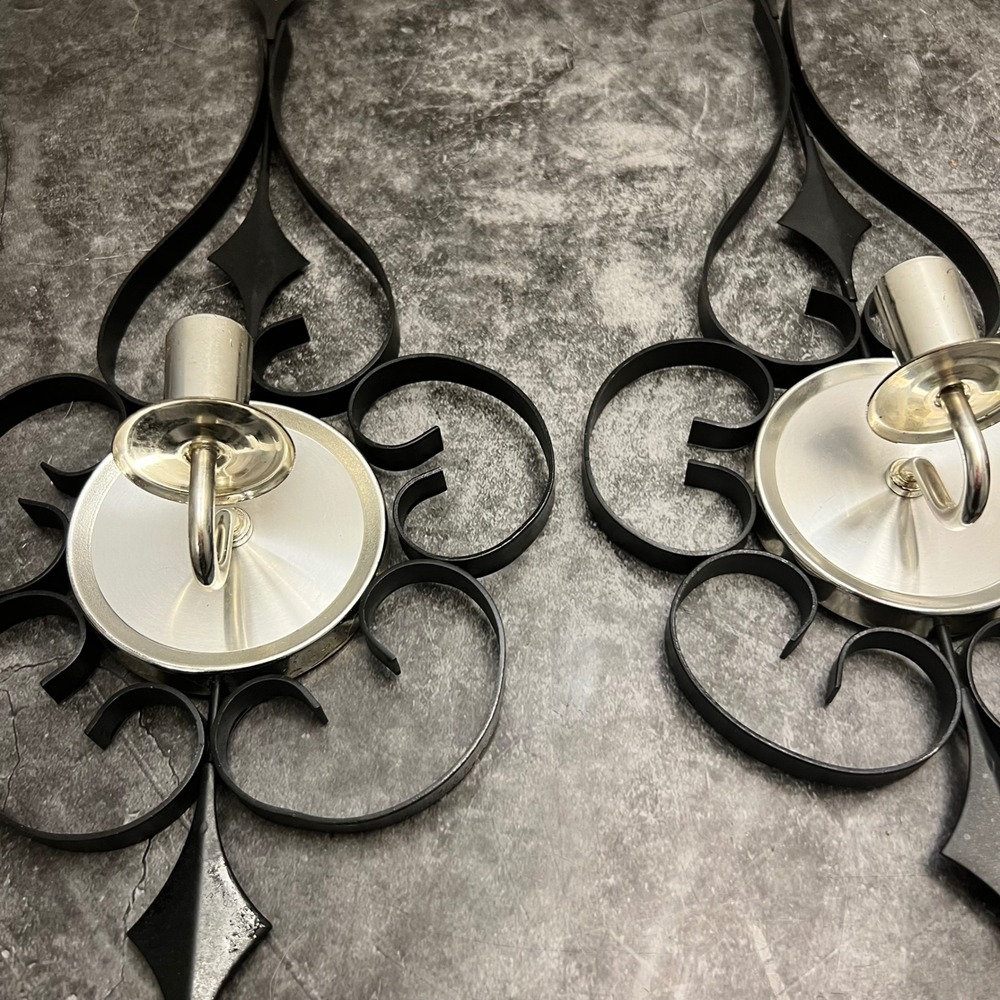 Vintage Mid-Century Modern Black & Chrome Scrollwork Candle Wall Sconce Pair